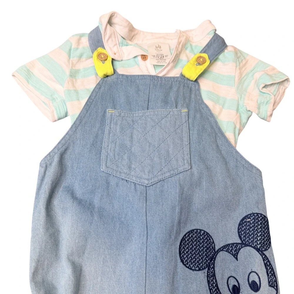 Disney Baby Mickey Mouse Little Explorer Denim Overalls Size 18-24M Striped set